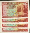 Conjunto de 4 billetes de 10 Pesetas emitidos en 1935. Certificado de Plata. Sin serie y series A, B y C, respectivamente. (Edifil 2021: 364/364a). Se...