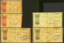 Conjunto completo de los 4 billetes de 5 Pesetas (sin serie y con la serie A), 25 Pesetas, 50 Pesetas y 100 Pesetas emitidos por la Sucursal de Bilbao...
