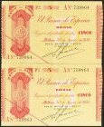Conjunto de 2 billetes de 5 Pesetas de la Sucursal de Bilbao, emitidos el 30 de Agosto de 1936. Sin serie y serie A y ambos con la antefirma del Banco...