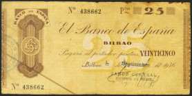 25 Pesetas. 1936. Sin serie. Sucursal de Bilbao y antefirma Banco Central. (Edifil 2021: 369c). MBC.