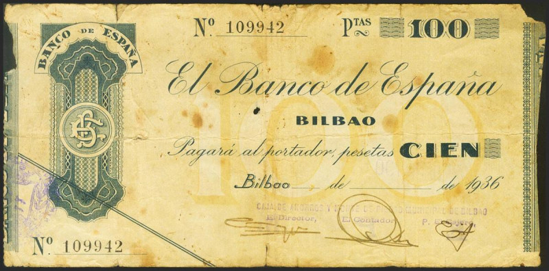 100 Pesetas. 1936. Sin serie. Sucursal de Bilbao y antefirma Caja de Ahorros y M...