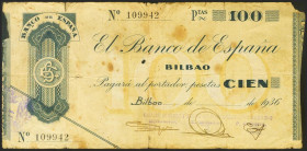 100 Pesetas. 1936. Sin serie. Sucursal de Bilbao y antefirma Caja de Ahorros y Monte de Piedad Municipal de Bilbao. (Edifil 2021: 371a). MBC.