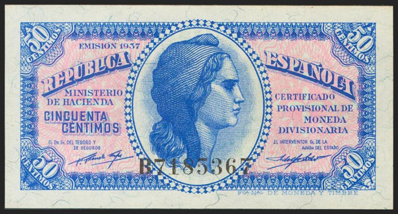 50 Céntimos. 1937. Serie B. (Edifil 2021: 391). Apresto original. SC.