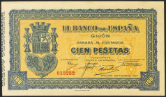 100 Pesetas. Septiembre 1937. Sucursal de Gijón. Sin serie. (Edifil 2021: 399). Apresto original. SC.