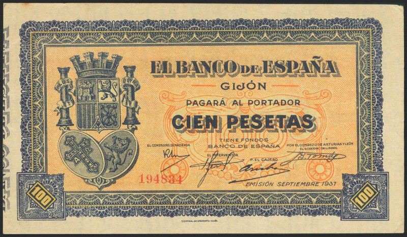 100 Pesetas. Septiembre 1937. Sucursal de Gijón. Sin serie. (Edifil 2021: 399). ...