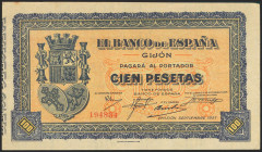 100 Pesetas. Septiembre 1937. Sucursal de Gijón. Sin serie. (Edifil 2021: 399). Presenta gran parte del apresto original. EBC+.