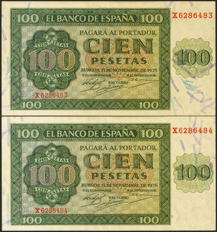 100 Pesetas. 21 de Noviembre de 1936. Pareja correlativa. Serie X, última serie ...