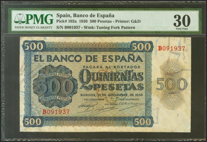 500 Pesetas. 21 de Noviembre de 1936. Serie B. (Edifil 2021: 422a). Reparado. MB...