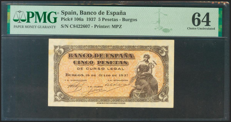 5 Pesetas. 18 de Julio de 1937. Serie C, última serie emitida. (Edifil 2021: 424...