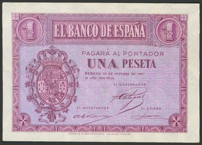 1 Peseta. 12 de Octubre de 1937. Serie E. (Edifil 2017: 425a). Apresto original....
