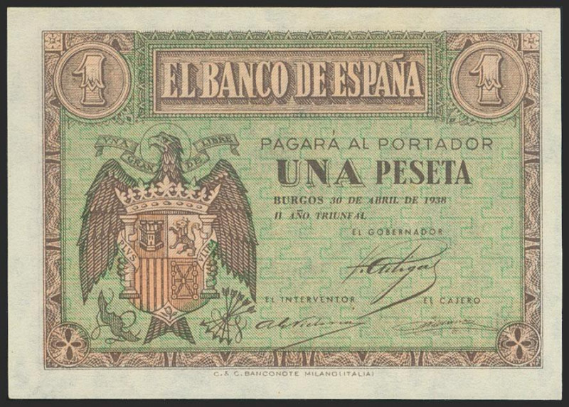 1 Peseta. 30 de Abril de 1938. Serie M. (Edifil 2021: 428a). Apresto original. S...