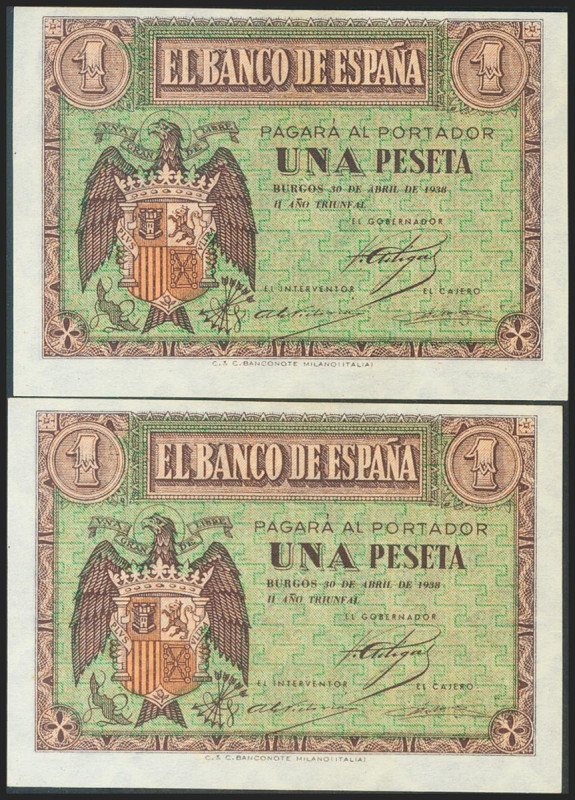 1 Peseta. 30 de Abril de 1938. Pareja correlativa. Serie N, última serie emitida...