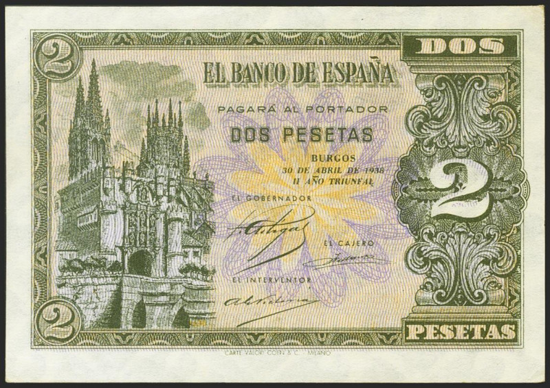 2 Pesetas. 30 de Abril de 1938. Serie F. (Edifil 2021: 429a). Apresto original. ...