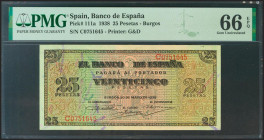 25 Pesetas. 20 de Mayo de 1938. Serie C. (Edifil 2021: 430a, Pick: 111a). Inusual en esta calidad, apresto original. SC. Encapsulado PMG66EPQ.