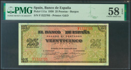 25 Pesetas. 20 de Mayo de 1938. Serie F. (Edifil 2021: 430a, Pick: 111a). Apresto original. EBC+++. Encapsulado PMG58EPQ.
