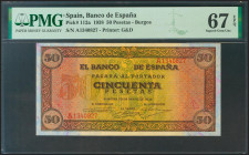 50 Pesetas. 20 de Mayo de 1938. Serie A. (Edifil 2021: 431, Pick: 112a). Rarísimo en esta calidad, apresto original. SC. Encapsulado PMG67EPQ.