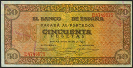 50 Pesetas. 20 de Mayo de 1938. Serie D. (Edifil 2021: 431a). Presenta buena parte de su apresto original. EBC.