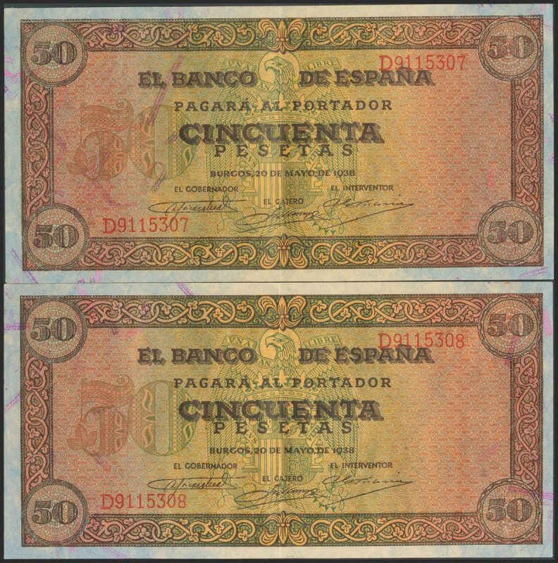 50 Pesetas. 20 de Mayo de 1938. Pareja correlativa. Serie D. (Edifil 2021: 431a)...