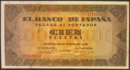 100 Pesetas. 20 de Mayo de 1938. Serie C. (Edifil 2021: 432a). Conserva todo el apresto original, billete muy atractivo y de una enorme calidad. SC.