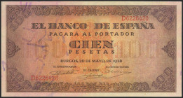 100 Pesetas. 20 de Mayo de 1938. Serie D. (Edifil 2021: 432a). Conserva gran parte del apresto original. EBC+.