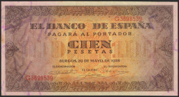 100 Pesetas. 20 de Mayo de 1938. Serie G. (Edifil 2021: 432a). Conserva todo su apresto original, presenta una manchita de escasa consideración en el ...