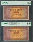 100 Pesetas. 20 de Mayo de 1938. Pareja correlativa. Serie G. (Edifil 2017: 432a). Apresto original. SC. Encapsulados PMG65EPQ, ambos.