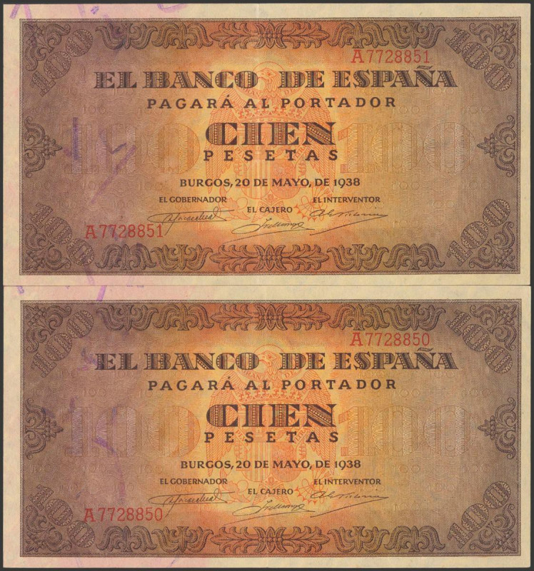100 Pesetas. 20 de Mayo de 1938. Pareja correlativa. Serie A. (Edifil 2017: 432)...
