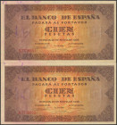 100 Pesetas. 20 de Mayo de 1938. Pareja correlativa. Serie A. (Edifil 2017: 432). Conserva parte del apresto original. EBC.