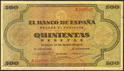500 Pesetas. 20 de Mayo de 1938. Serie A. (Edifil 2021: 433). Presenta gran parte del apresto original. EBC+.