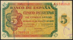 5 Pesetas. 10 de Agosto de 1938. Serie A. (Edifil 2021: 435). Conserva todo su apresto original. SC.
