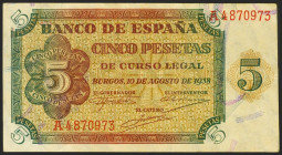 5 Pesetas. 10 de Agosto de 1938. Serie A. (Edifil 2021: 435). Presenta gran parte del apresto original. EBC+.