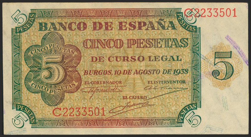5 Pesetas. 10 de Agosto de 1938. Serie C. (Edifil 2021: 435a). Apresto original....