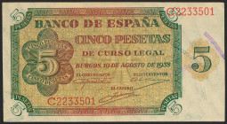 5 Pesetas. 10 de Agosto de 1938. Serie C. (Edifil 2021: 435a). Apresto original. SC.