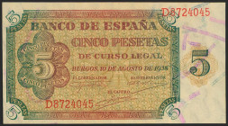 5 Pesetas. 10 de Agosto de 1938. Serie D. (Edifil 2021: 435a). Apresto original. SC.