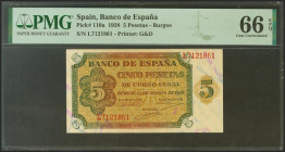 5 Pesetas. 10 de Agosto de 1938. Serie L. (Edifil 2021: 435a, Pick: 110a). Inusual en esta excepcional calidad y apresto original. SC. Encapsulado PMG...