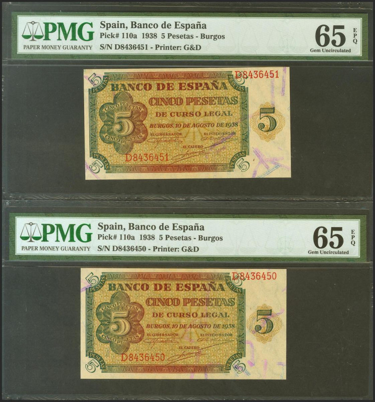 5 Pesetas. 10 de Agosto de 1938. Pareja correlativa. Serie D. (Edifil 2021: 435a...