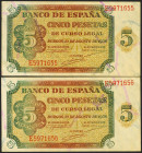 5 Pesetas. 10 de Agosto de 1938. Pareja correlativa. Serie E. (Edifil 2021: 435a). Conserva parte del apresto original. EBC+. (uno de los billetes peq...