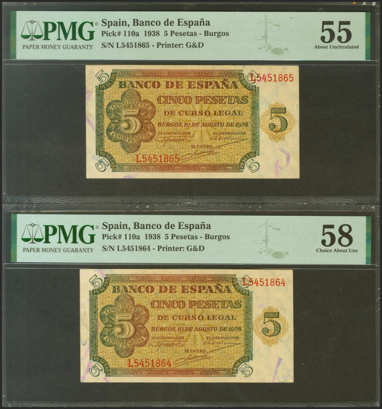 5 Pesetas. 10 de Agosto de 1938. Pareja correlativa. Serie L. (Edifil 2021: 435a...