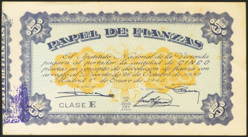 5 Pesetas. 1 de Enero de 1940. Papel de Finanzas. Serie A. EBC+.