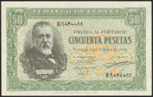 50 Pesetas. 9 de Enero de 1940. Serie B. (Edifil 2021: 437a). Conserva parte del apresto original. EBC.
