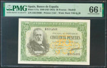 50 Pesetas. 9 de Enero de 1940. Serie D. (Edifil 2021: 437a, Pick: 117a). Raro en esta calidad, apresto original. SC. Encapsulado PMG66EPQ.
