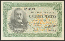 50 Pesetas. 9 de Enero de 1940. Serie D. (Edifil 2017: 437a). Conserva gran parte de su apresto original. EBC.