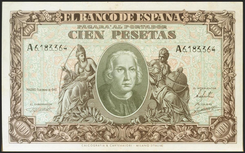 100 Pesetas. 9 de Enero de 1940. Serie A. (Edifil 2021: 438). Puntito, mínimamen...