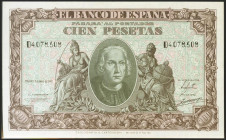 100 Pesetas. 9 de Enero de 1940. Serie D. (Edifil 2021: 438a). Presenta parte del apresto original. EBC+.