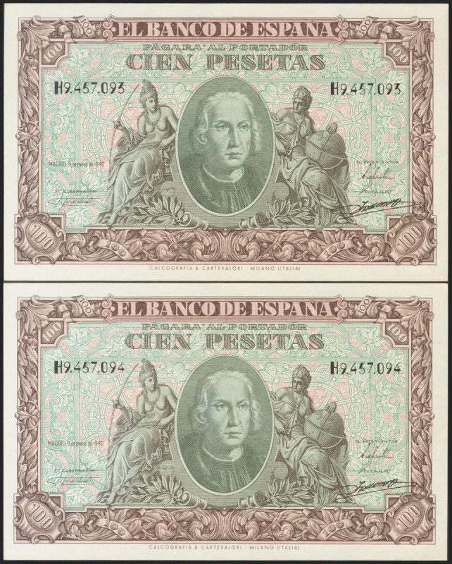 100 Pesetas. 9 de Enero de 1940. Pareja correlativa. Serie H. (Edifil 2021: 438a...