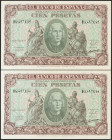 100 Pesetas. 9 de Enero de 1940. Pareja correlativa. Serie H. (Edifil 2021: 438a). Conservando gran parte del apresto original. EBC+.