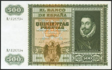 500 Pesetas. 9 de Enero de 1940. Serie A. (Edifil 2021: 439). Conserva todo su apresto original, invisible ondulación sólo perceptible con luz inciden...