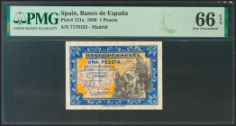 1 Pesetas. 1 de Junio de 1940. Sin serie. (Edifil 2021: 441, Pick: 121a). Raro en esta calidad, apresto original. SC. Encapsulado PMG66EPQ.