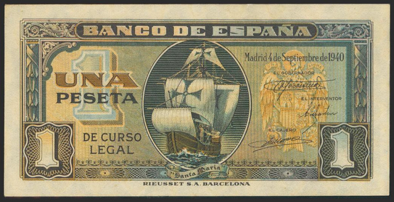 1 Peseta. 4 de Septiembre de 1940. Serie G. (Edifil 2021: 442a). Apresto origina...