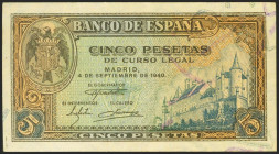 5 Pesetas. 4 de Septiembre de 1940. Serie C. (Edifil 2021: 443a). Apresto original. EBC+.
